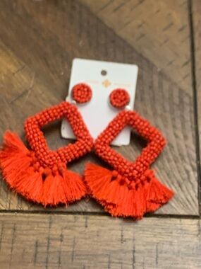 Red Beaded Fringe Statement Earrings - Unbranded